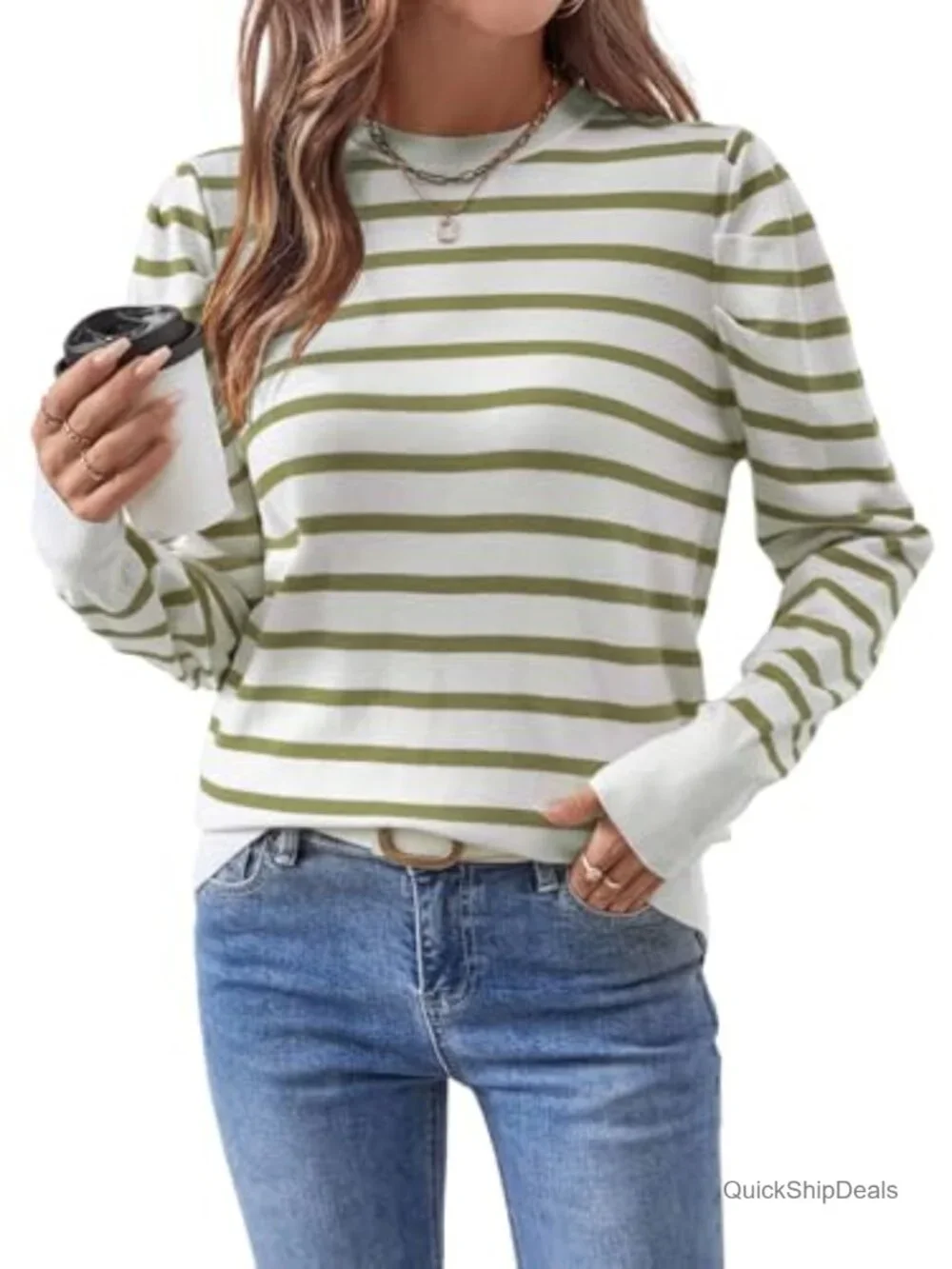 Striped Puff Long Sleeve Knit Pullover Sweater Women Casual Crew Neck